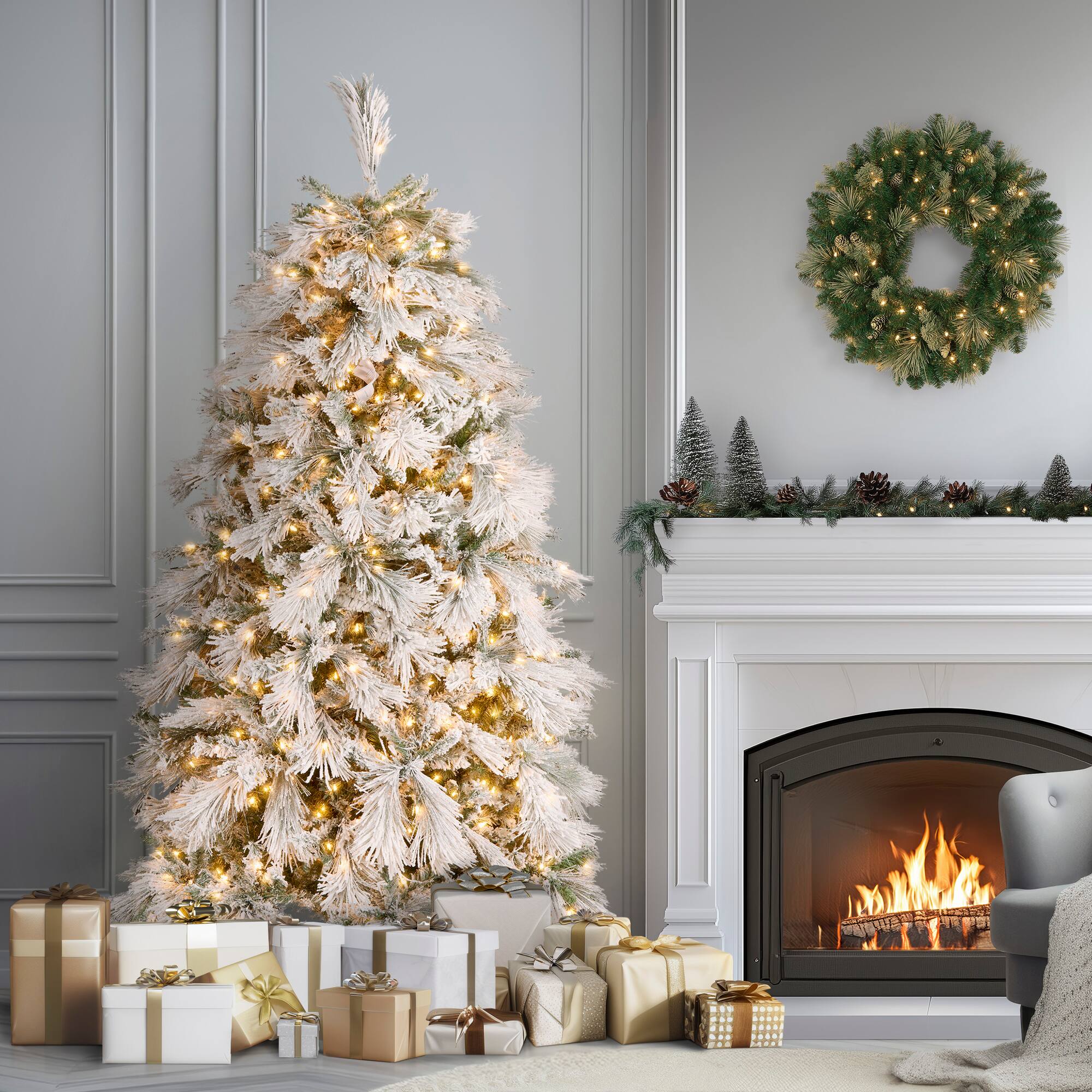 7.5ft. Pre-Lit Flocked Bavarian Pine Artificial Christmas Tree, Clear Lights